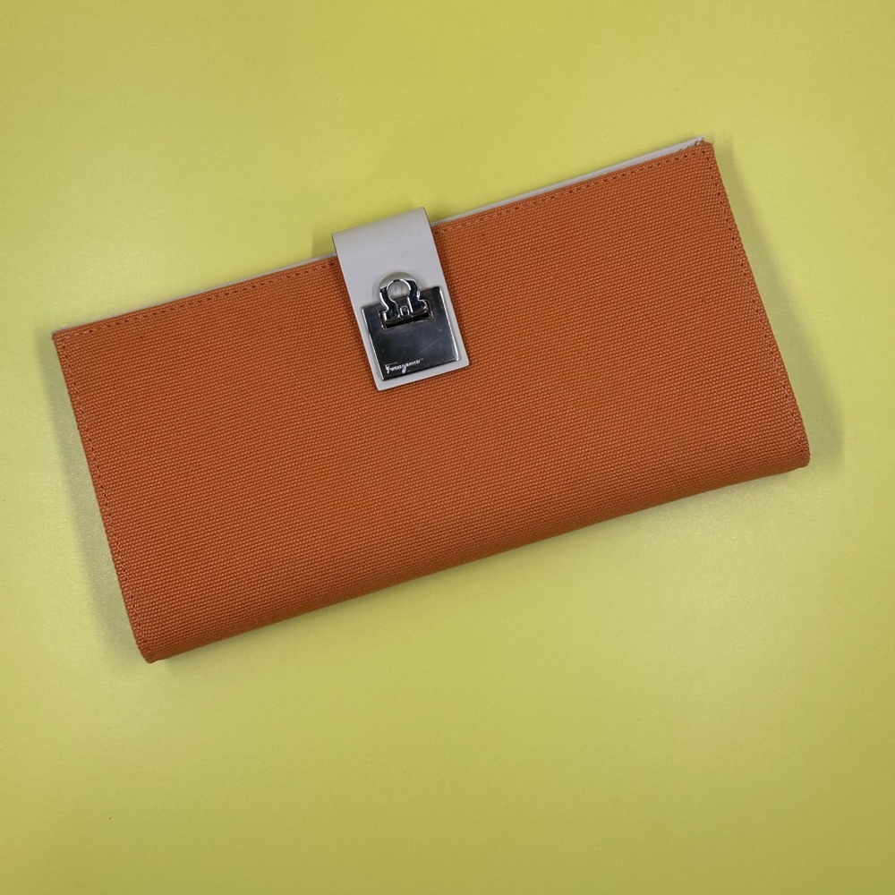 Orange Salvatore Ferragamo Long Wallet Wallet with Silver Buckle